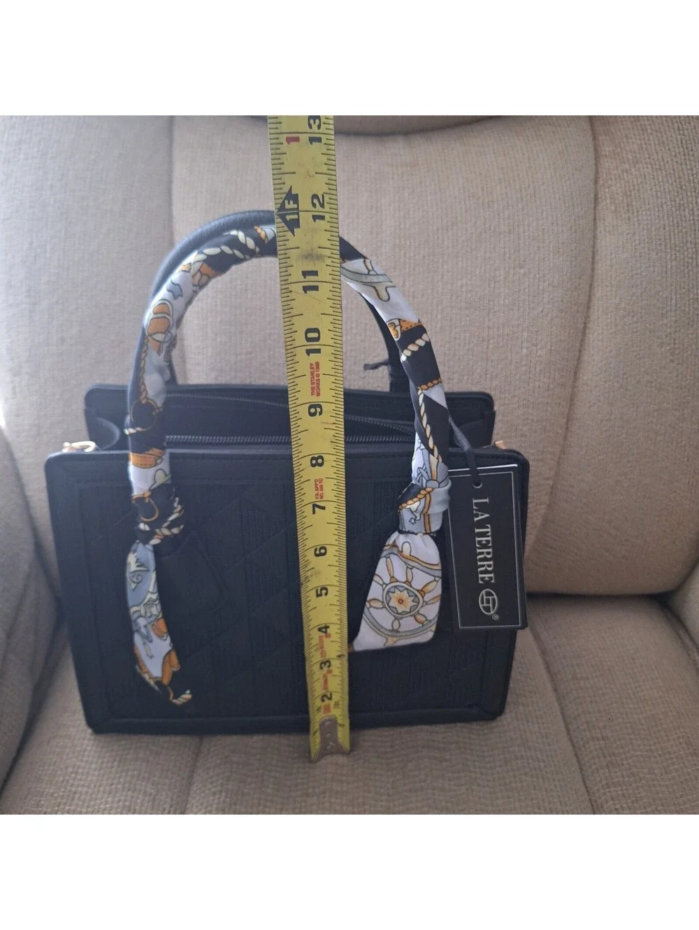 NWT La Terre Black Quilted Top Handle Crossbody Bag, Scarf, Zip, PETA Vegan